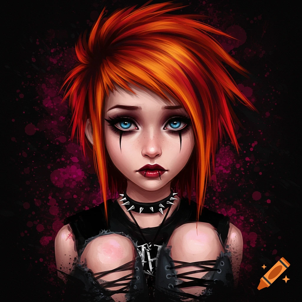An emo girl with red hair, blue eyes, and dark makeup