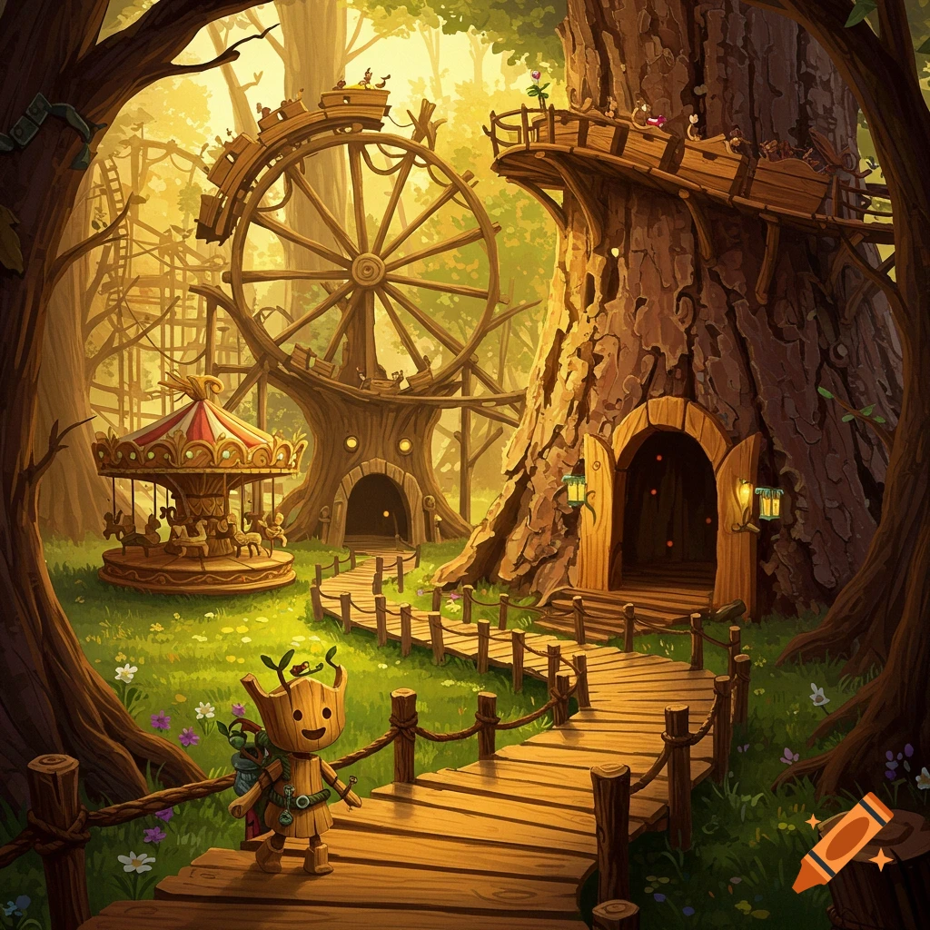 A wooden figure stands on a wooden path leading to a whimsical forest theme park with a giant tree structure and a carousel.