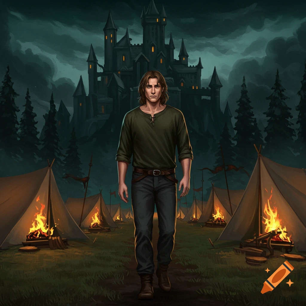 A man stands in a camp at night, with a castle in the background.