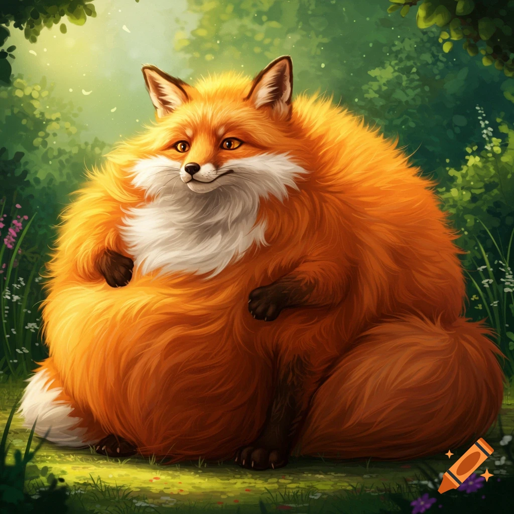 A fluffy, round orange fox sits in a sunny forest clearing.