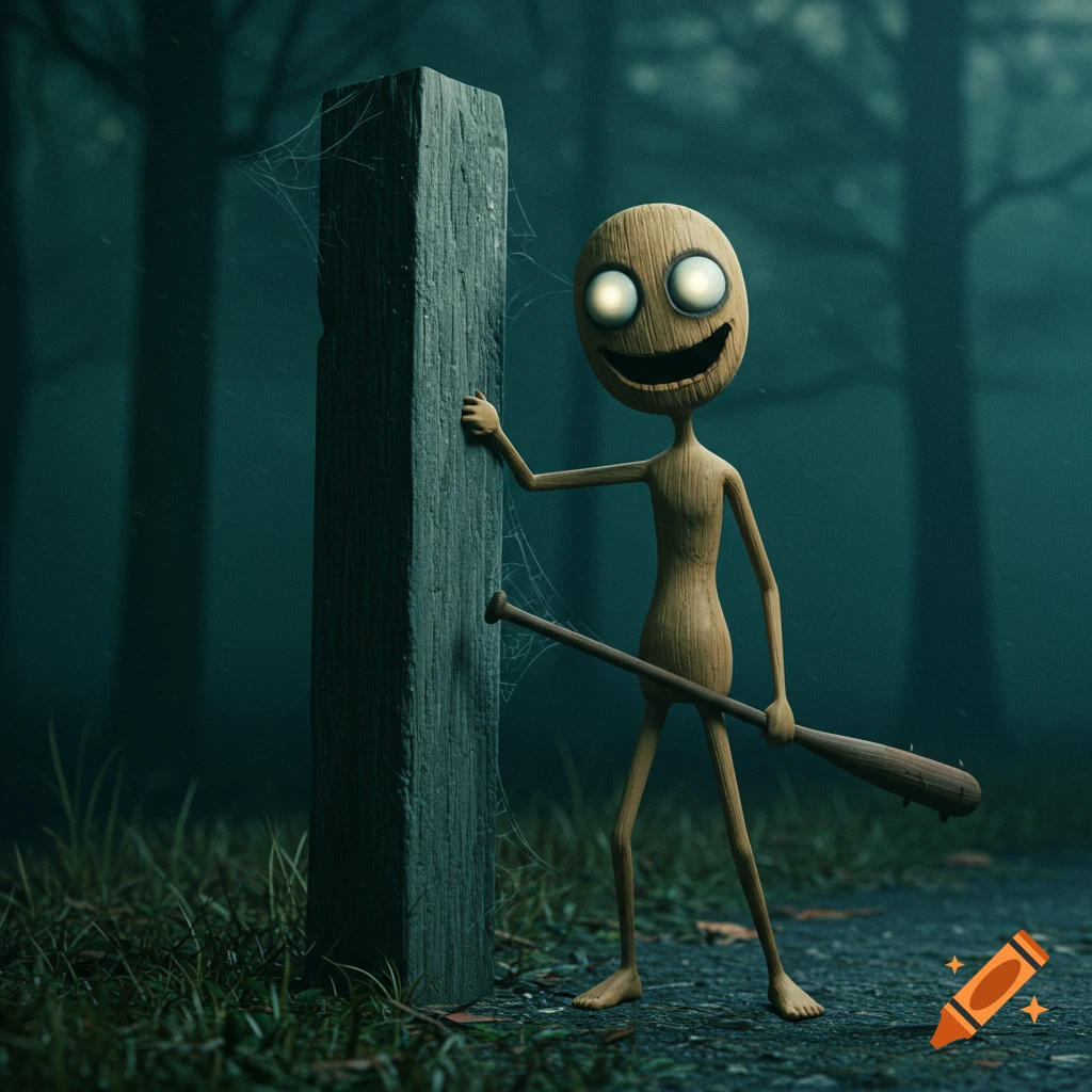 A wooden stick figure character with glowing eyes and a wide grin holds a bat in a misty forest.
