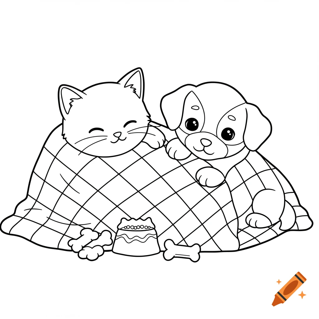 Line art coloring page of a kitten and puppy snuggling under a blanket with treats