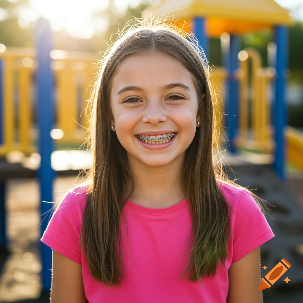 Young girl with braces smiling at a playground