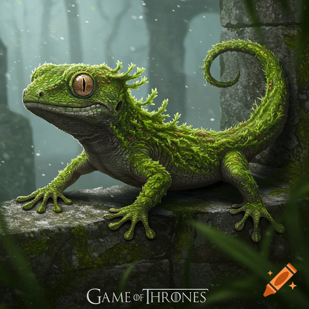 A mossy green gecko creature sits on a stone ledge in a misty forest, with the Game of Thrones logo at the bottom.