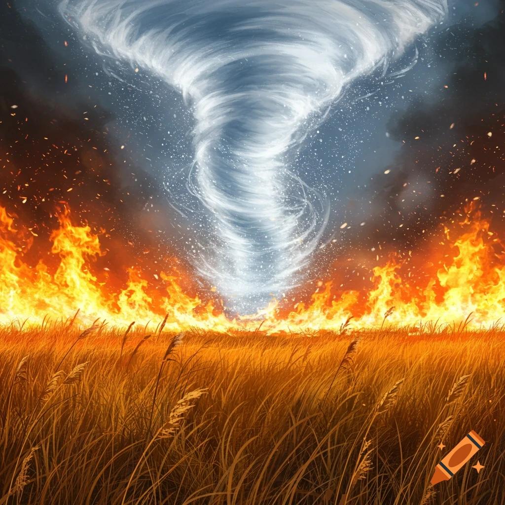 A large white tornado is forming over a field of dry grass that is engulfed in fire.