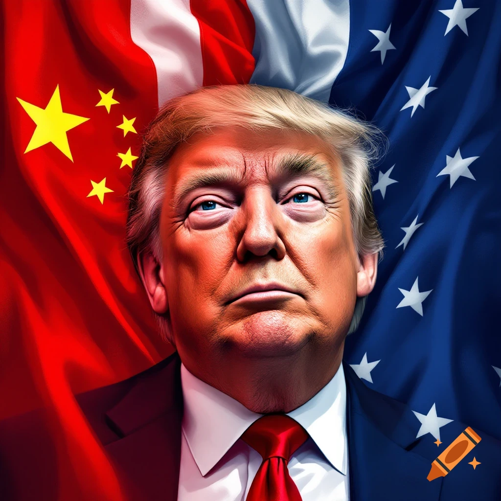 Portrait of Donald Trump in front of the US and Chinese flags.
