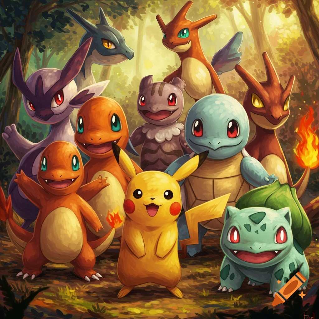 A group of Pokemon, including Pikachu, Charmander, Bulbasaur, and Squirtle, are gathered in a forest.