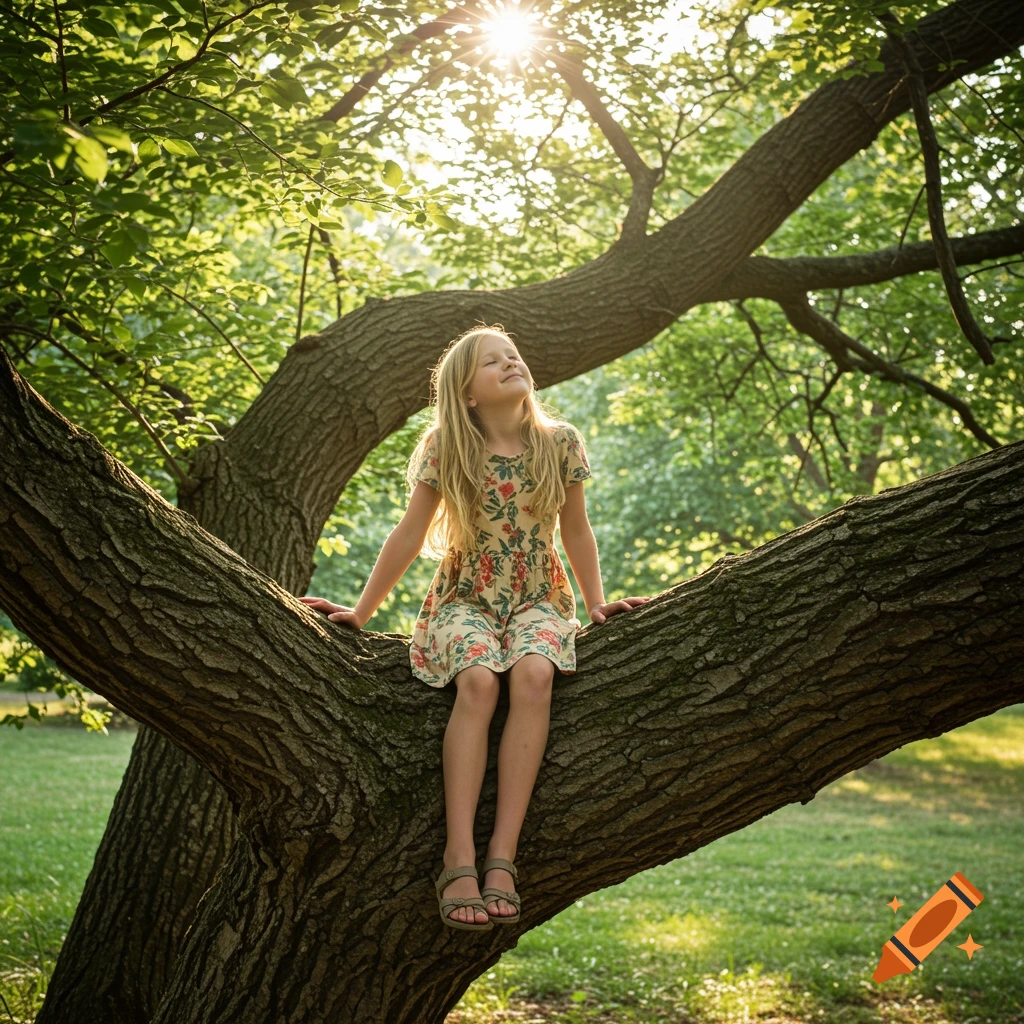 A young girl sits on a tree branch in a forest, eyes closed in the sun.
