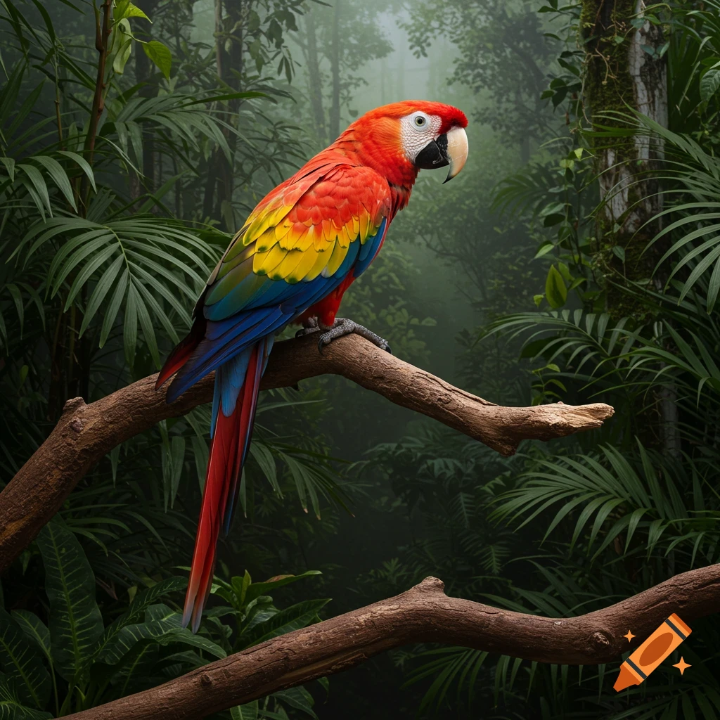 A vibrant macaw parrot perched on a branch in a lush, misty jungle.