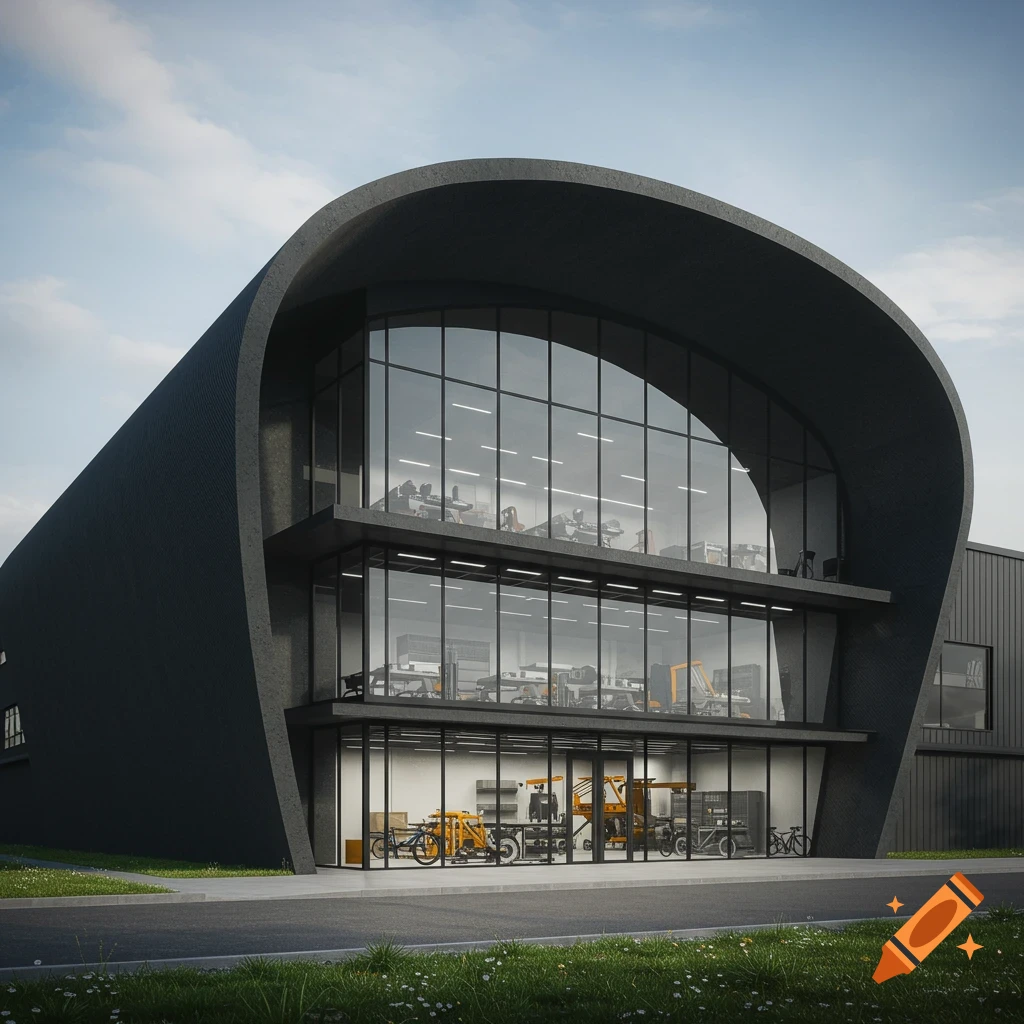 Photorealistic modern building with a curved roof.
