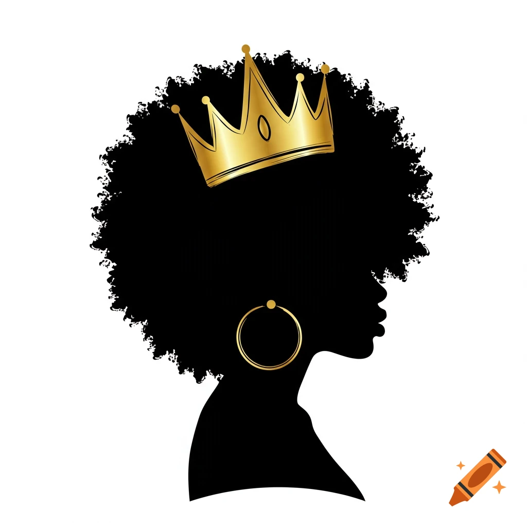 Silhouette of a Black woman with an afro, wearing a gold crown and hoop earring. Stylized illustration.