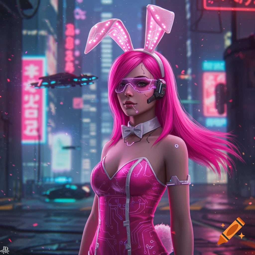 Cyberpunk bunny girl in a pink circuit-pattern outfit in a futuristic city.