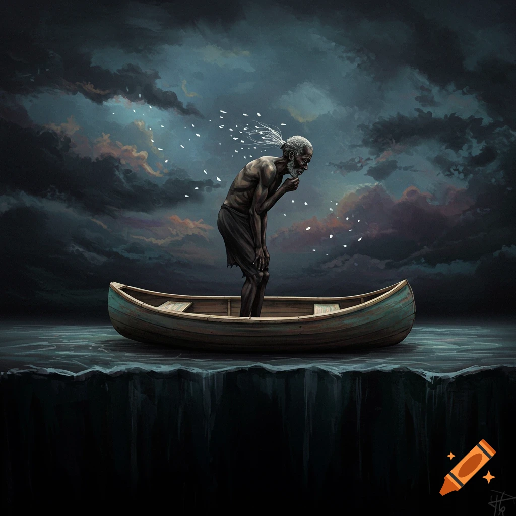 An old man bent over in a boat over a dark abyss