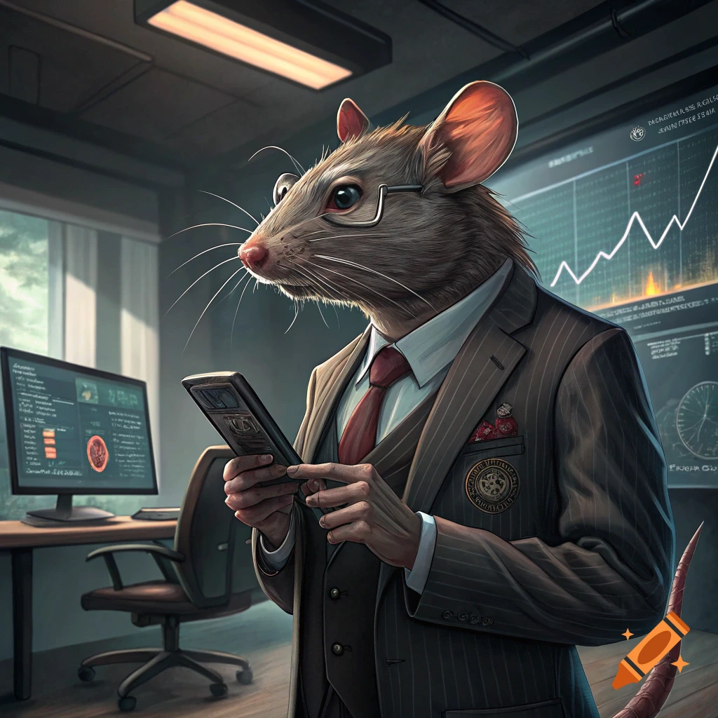 Digital illustration of a rat wearing a pinstripe suit, holding a smartphone in an office with data screens.