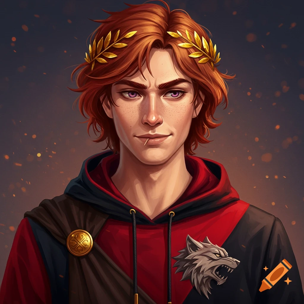A young man with red hair and striking purple eyes is depicted. He wears a golden wreath and a hoodie featuring a wolf emblem.