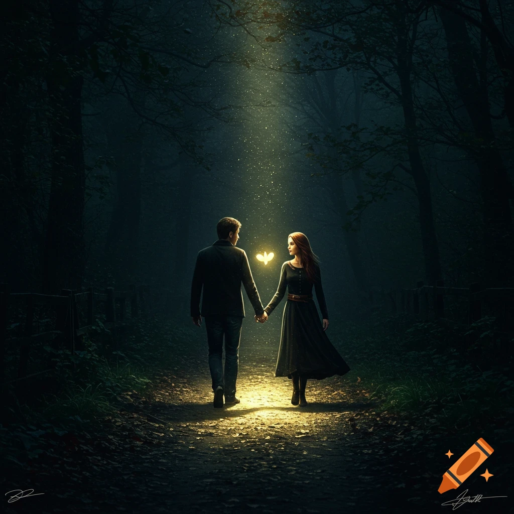 A couple walks hand-in-hand down a dark forest path, illuminated by a glowing light source.