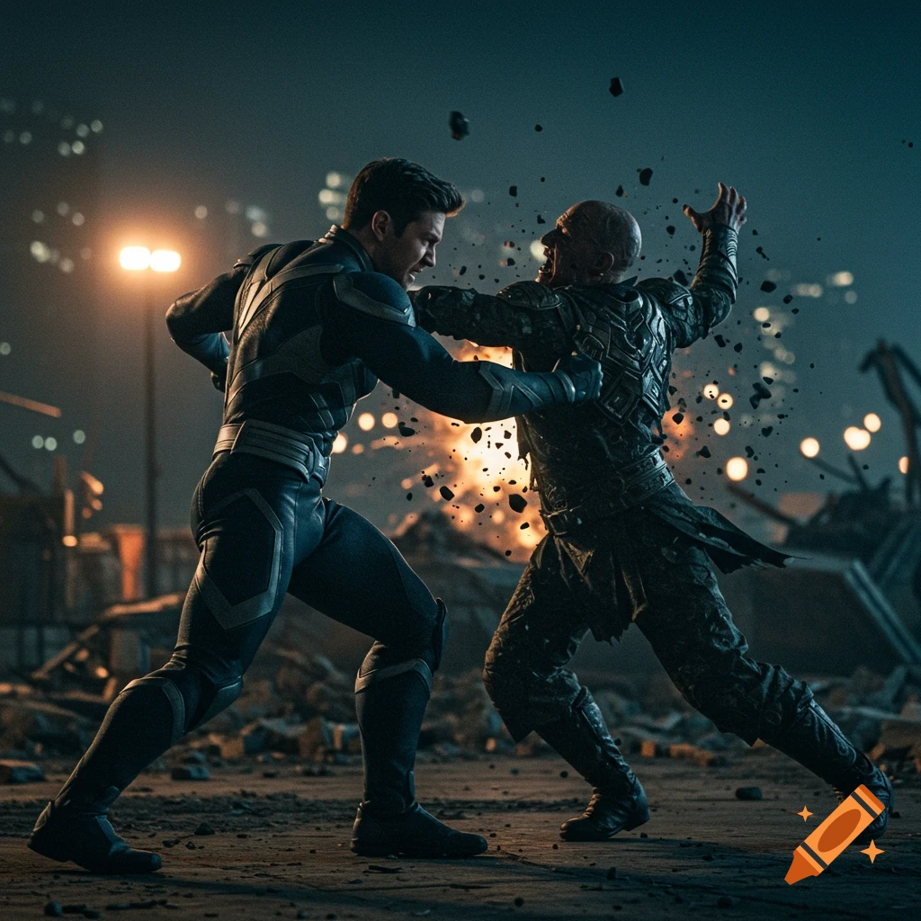 Two figures in suits, one appearing heroic, punch each other during a fight in a ruined city at night.