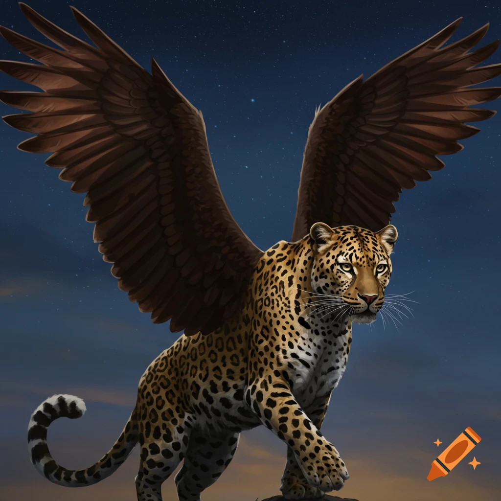 A winged leopard stands on a rock at night against a starry sky.