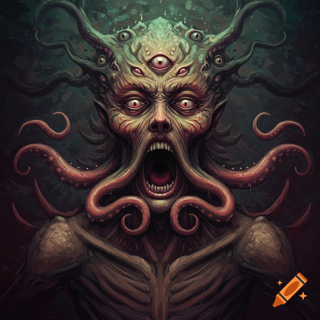 a screaming multi-eyed monster with tentacles