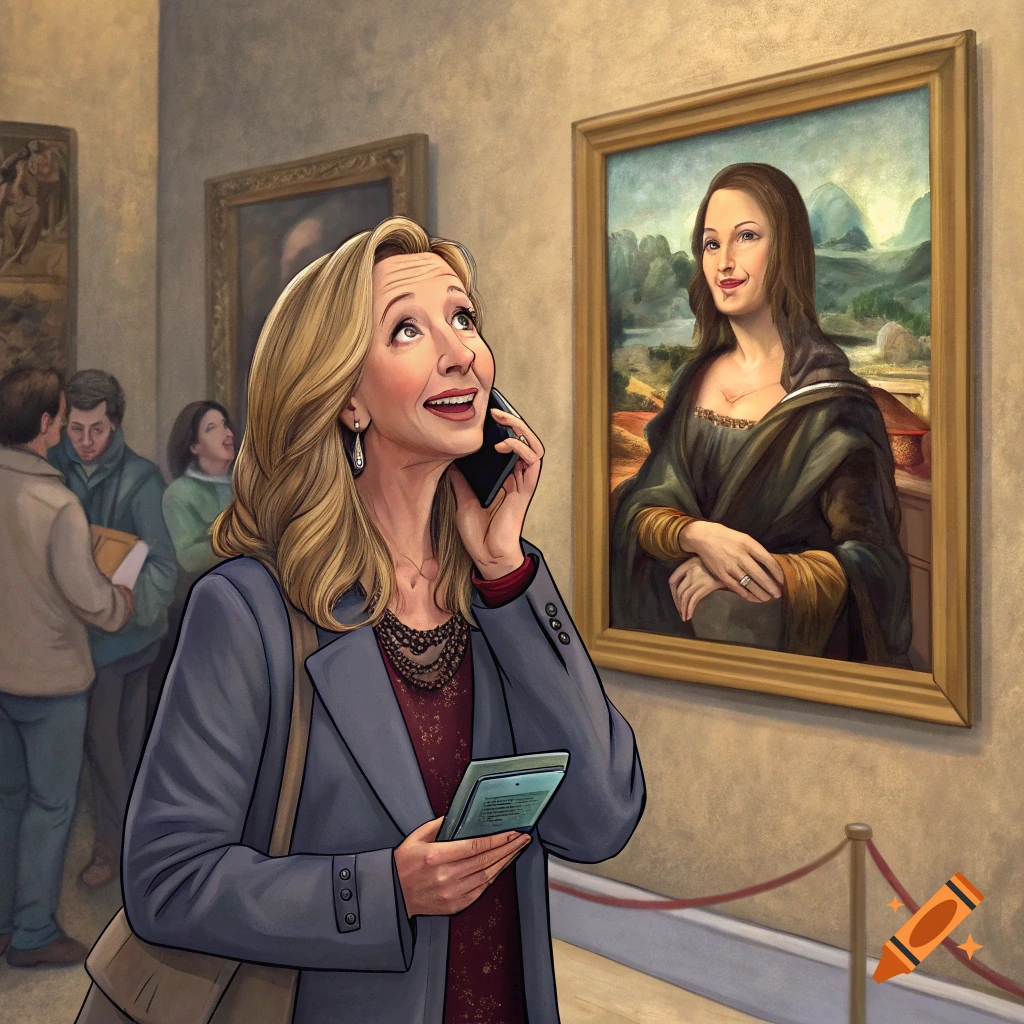 A woman looks up at the Mona Lisa painting in a museum while talking on a phone, illustrated style.