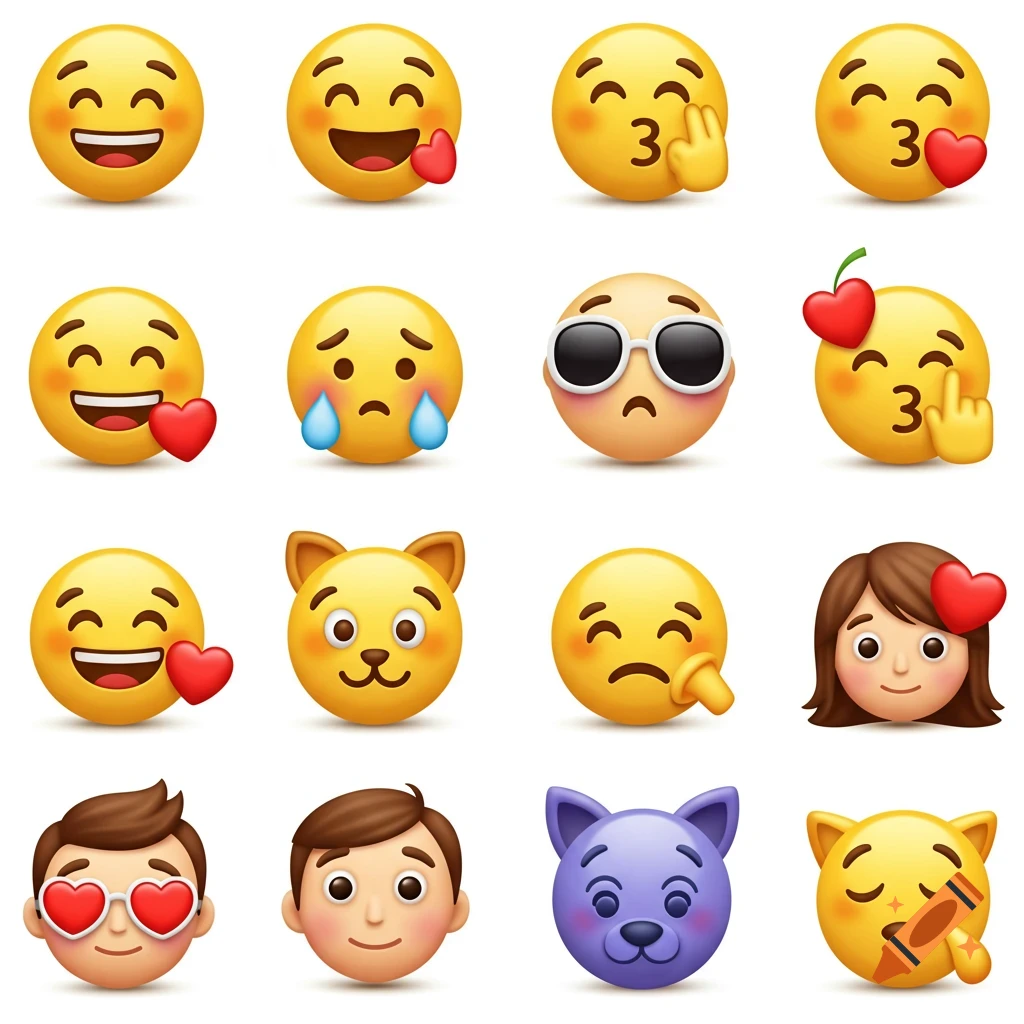 A grid of various emojis and stylized faces including happy, sad, kissing, and animal faces.