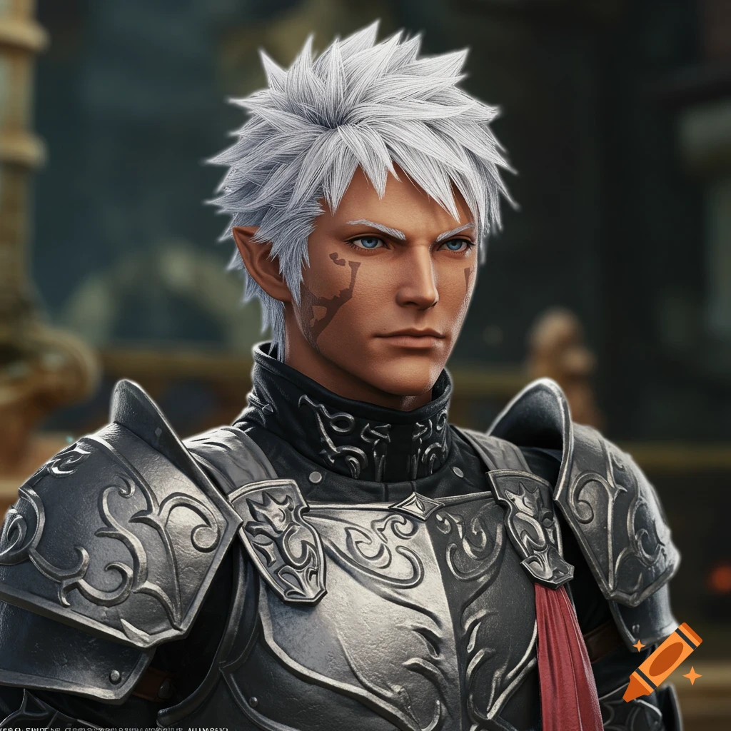 A close-up bust shot of a male fantasy character with spiky white hair, blue eyes, face markings, and grey armor.