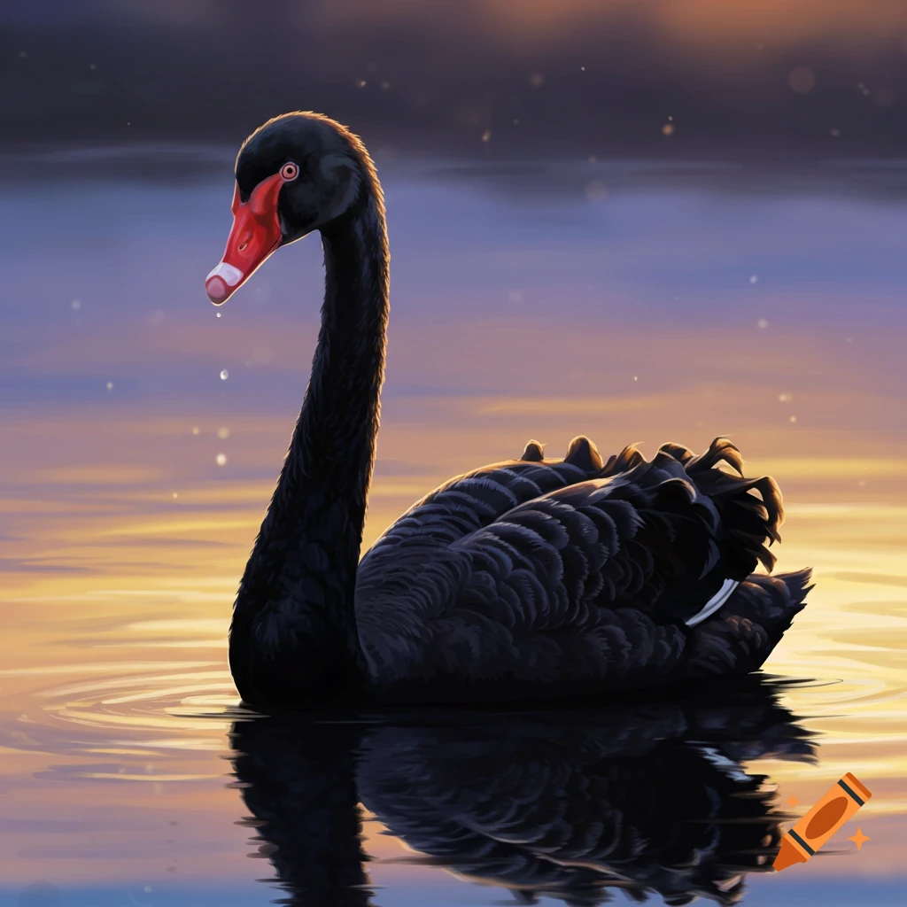 A black swan floats on water at sunset.
