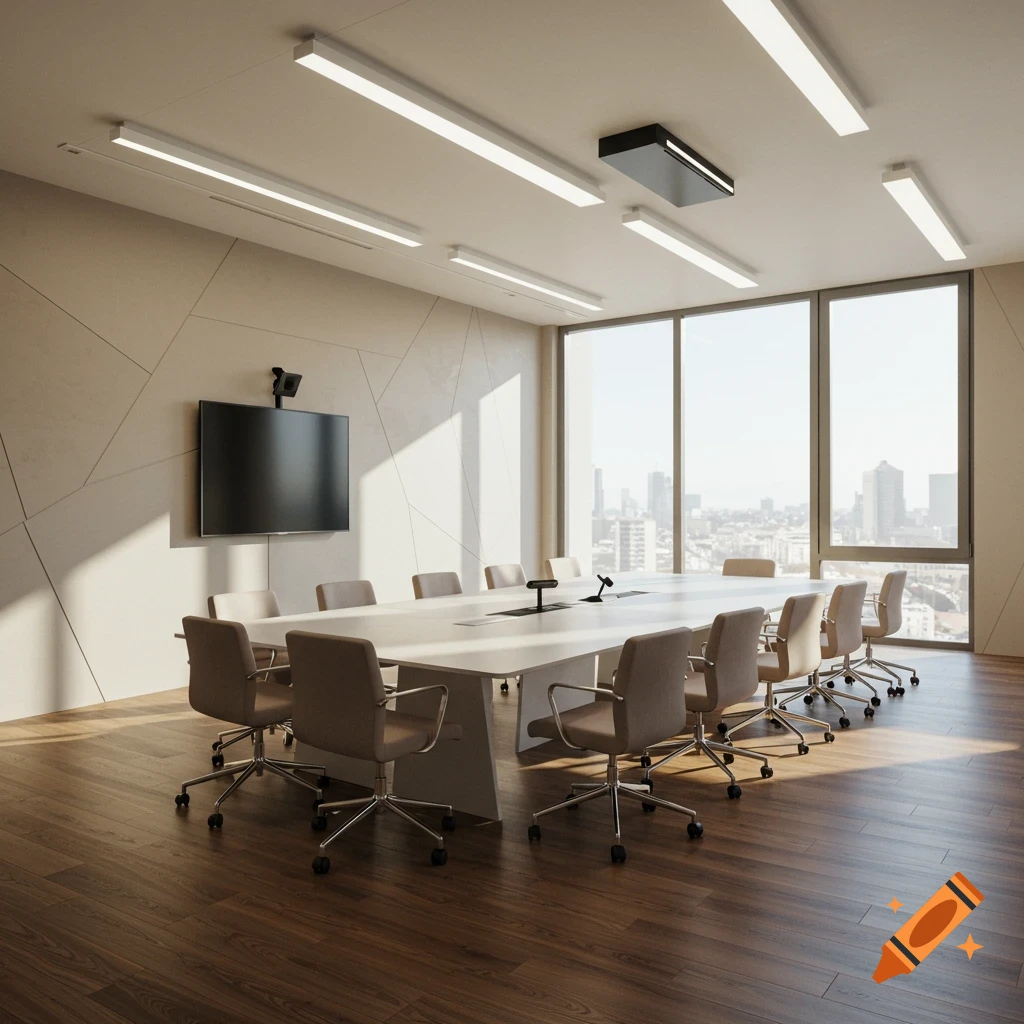 Modern conference room with long table, chairs, screen, and city view through windows.