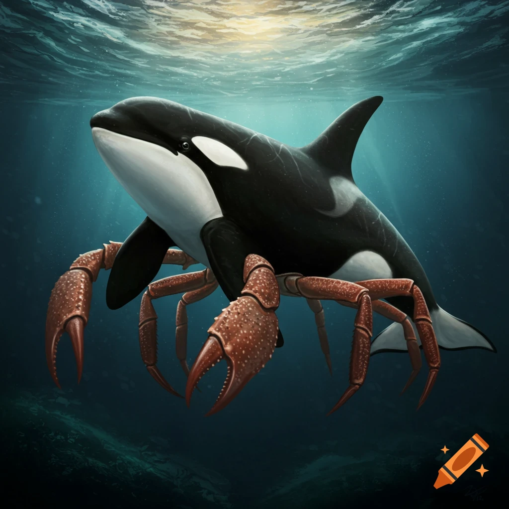An orca combined with a crab swims underwater with light filtering from the surface.