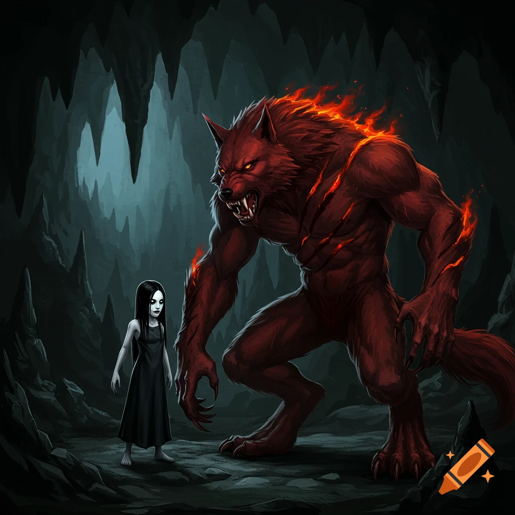 A small girl facing a large, fiery werewolf in a dark cave.