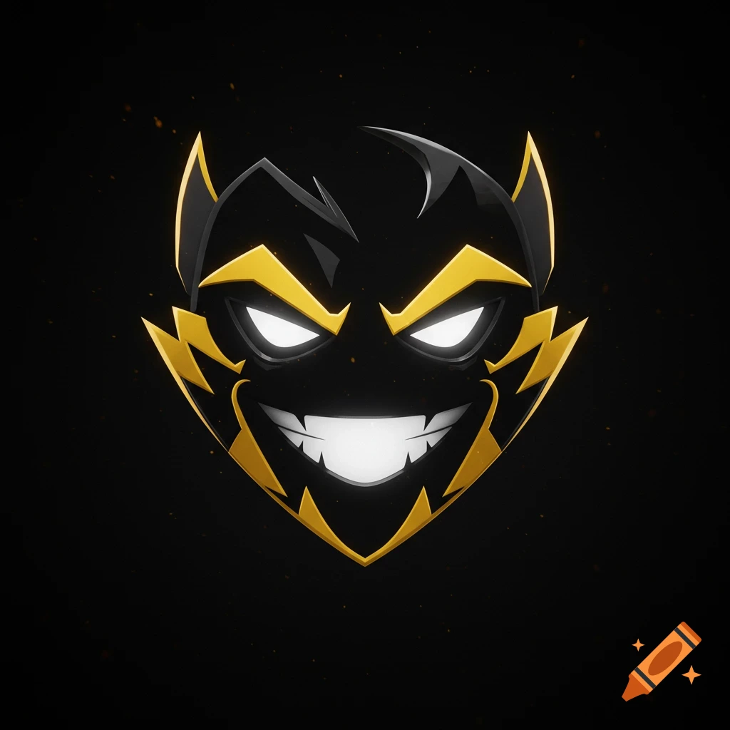 A stylized black and yellow logo of a grinning face or mask with sharp features and glowing white eyes.