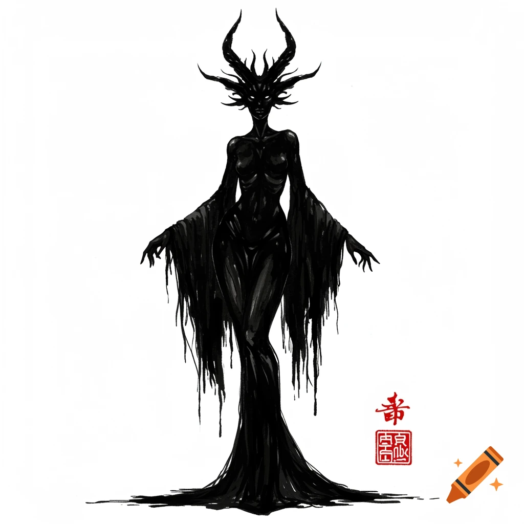 Ink illustration of a dark fantasy demoness with horns and a flowing black form.