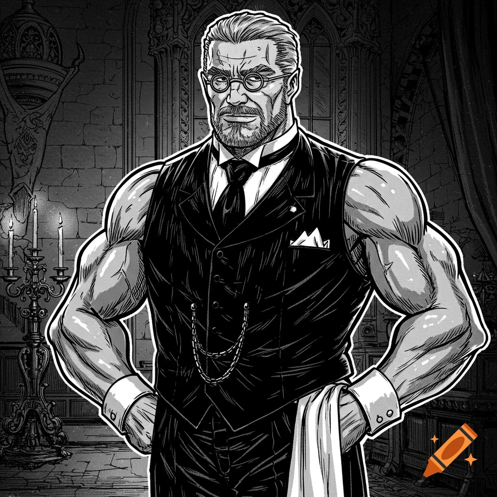A muscular butler in a vest stands in a dark, gothic room in a black and white manga art style.