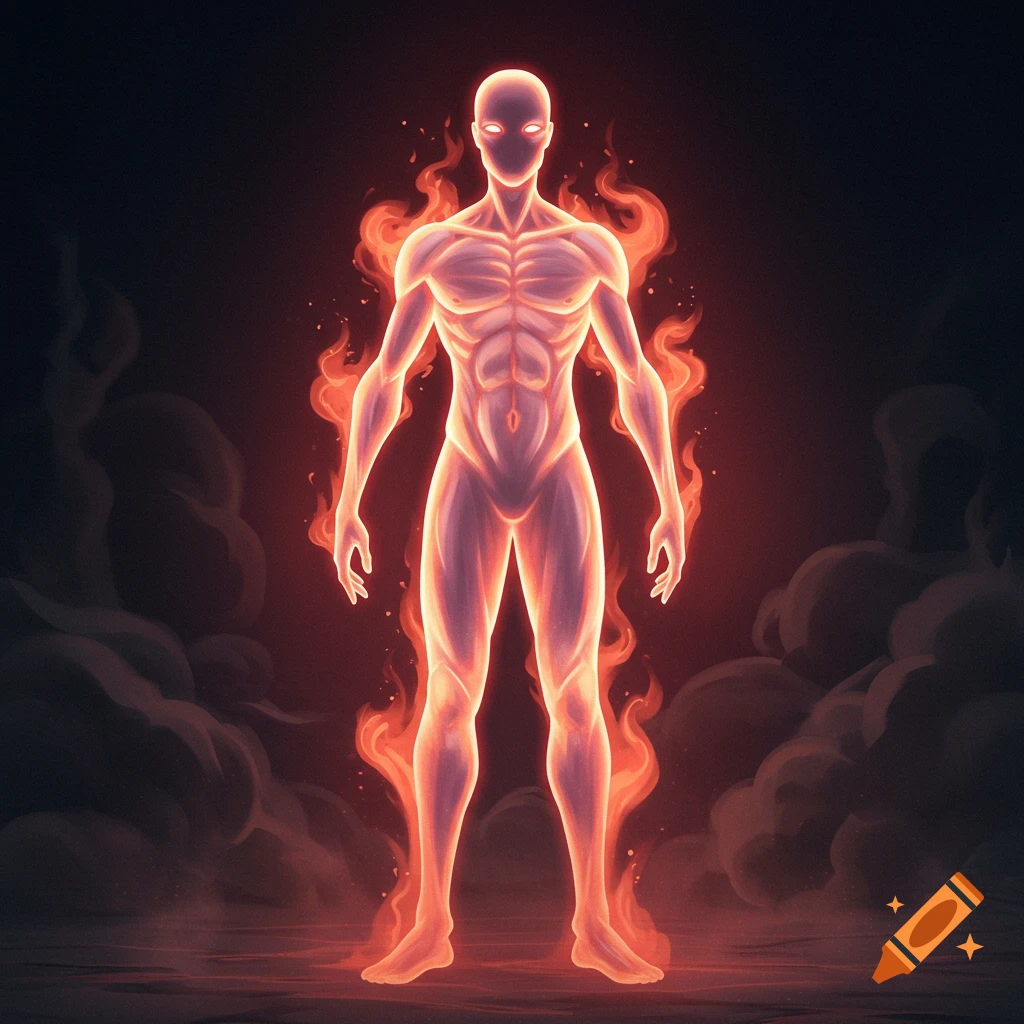 A glowing humanoid figure surrounded by flame-like energy.
