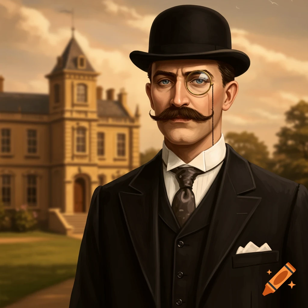 A man with a mustache and monocle wears a bowler hat and suit in front of a mansion.