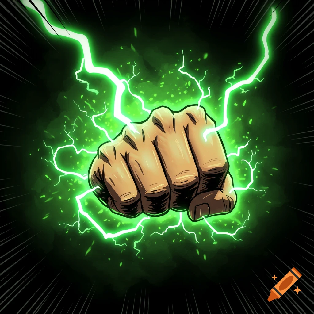 An illustration of a fist surrounded by green lightning against a dark background.