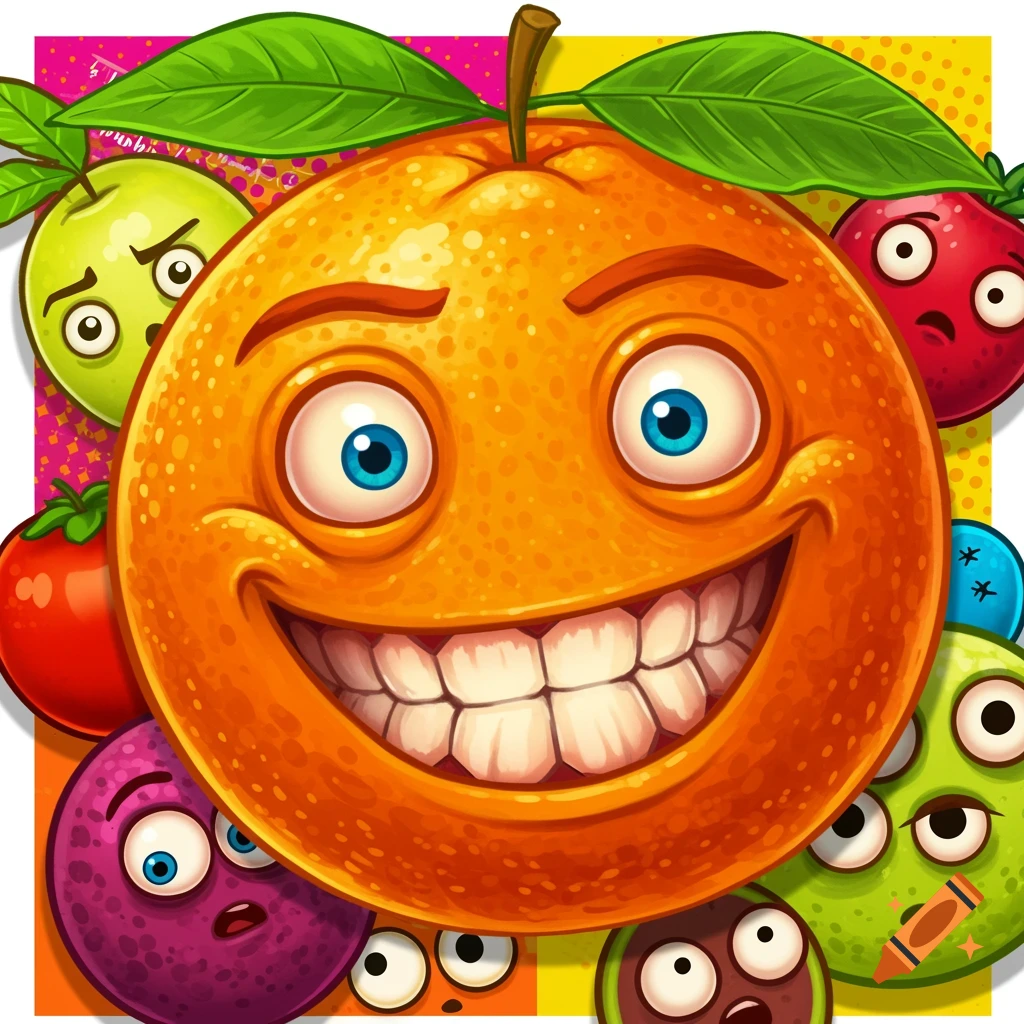 Cartoon orange with a big grin surrounded by other cartoon fruit characters in a vibrant style.
