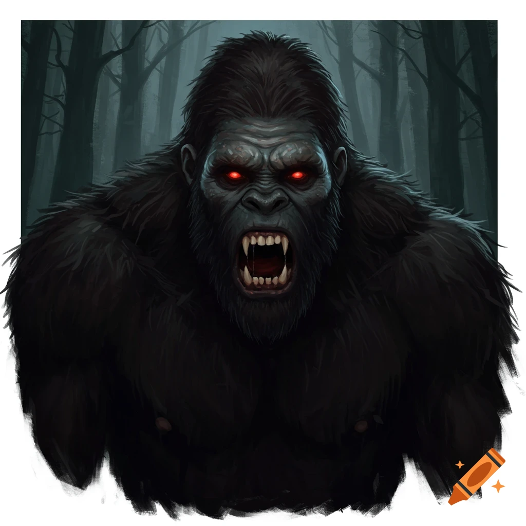 A scary bigfoot creature with glowing red eyes and fangs is in a dark forest.
