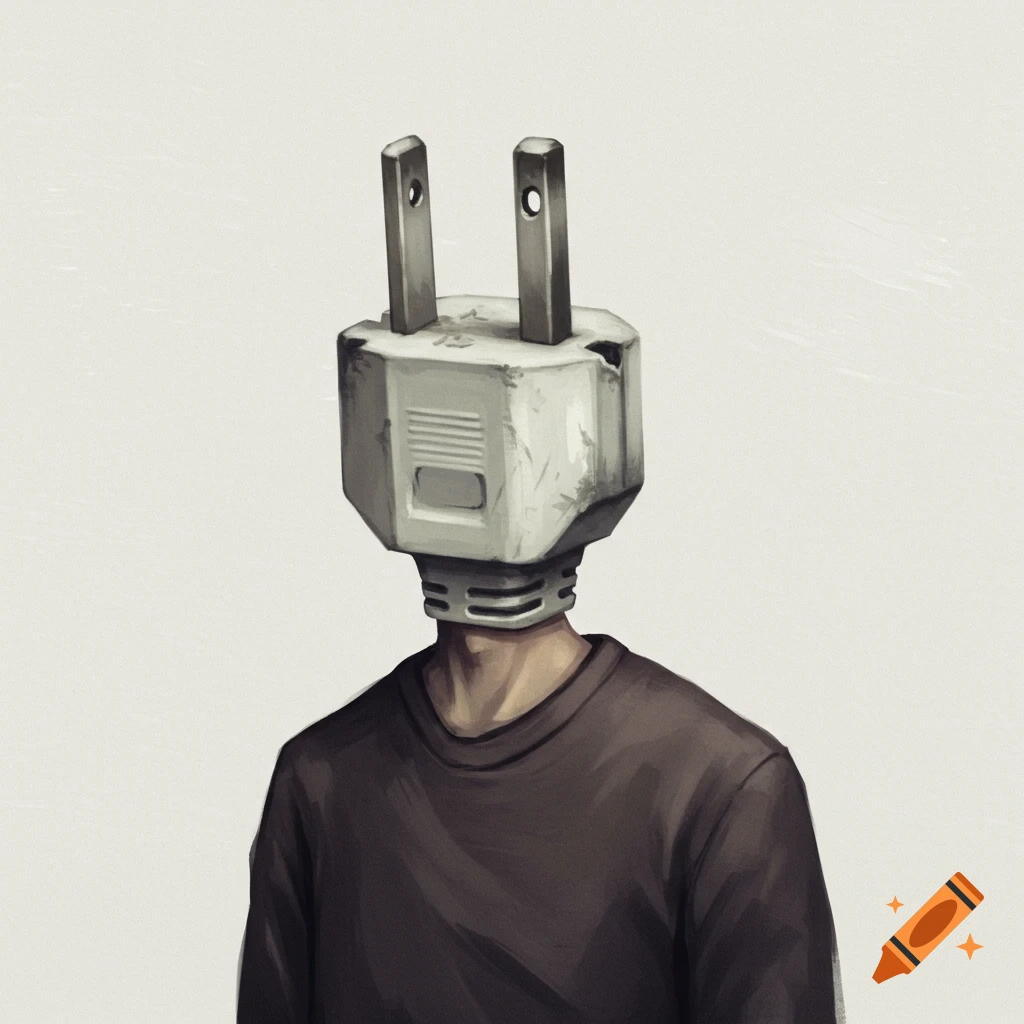 A person with an electrical plug for a head.