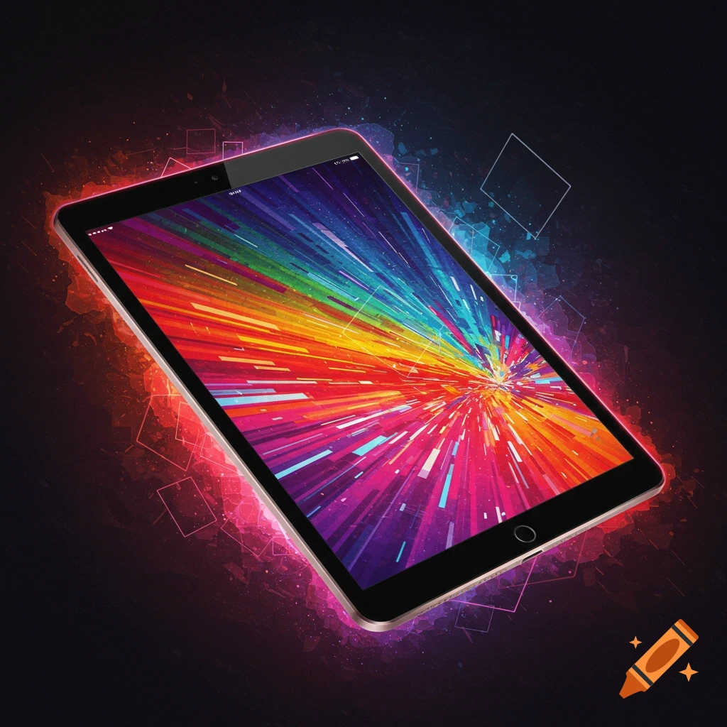 A tablet displays a vibrant abstract background with radiating colors.