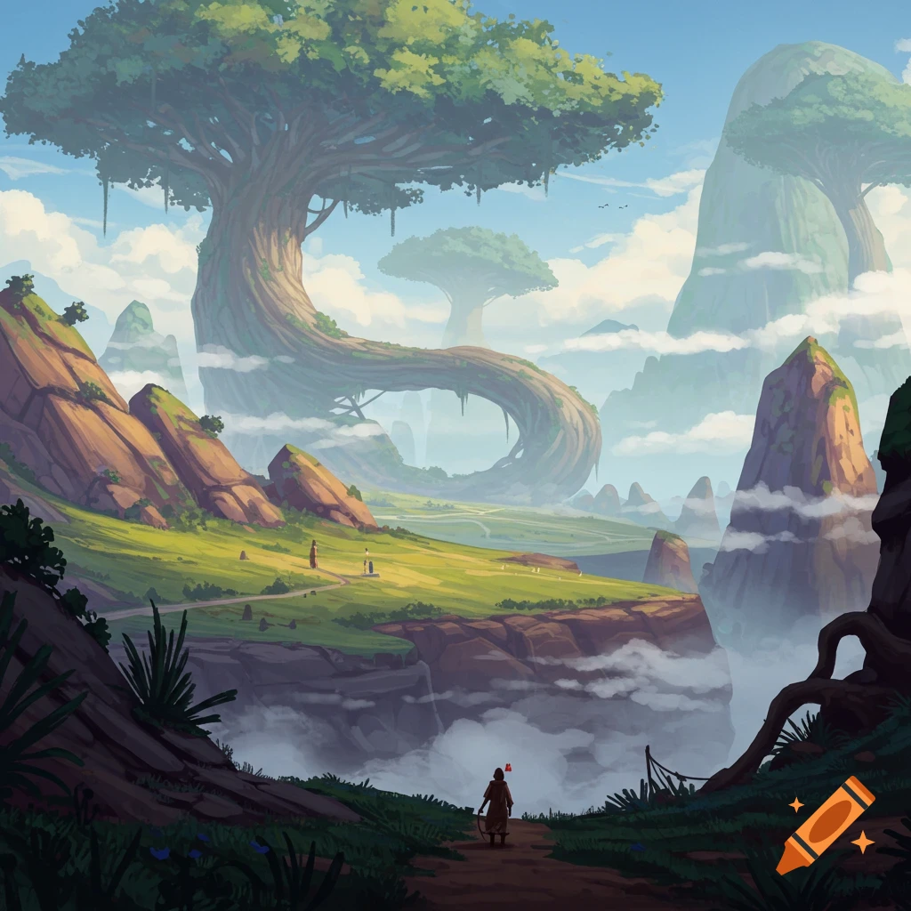 A fantasy landscape with a giant tree, tall rocks, clouds, and figures on a path