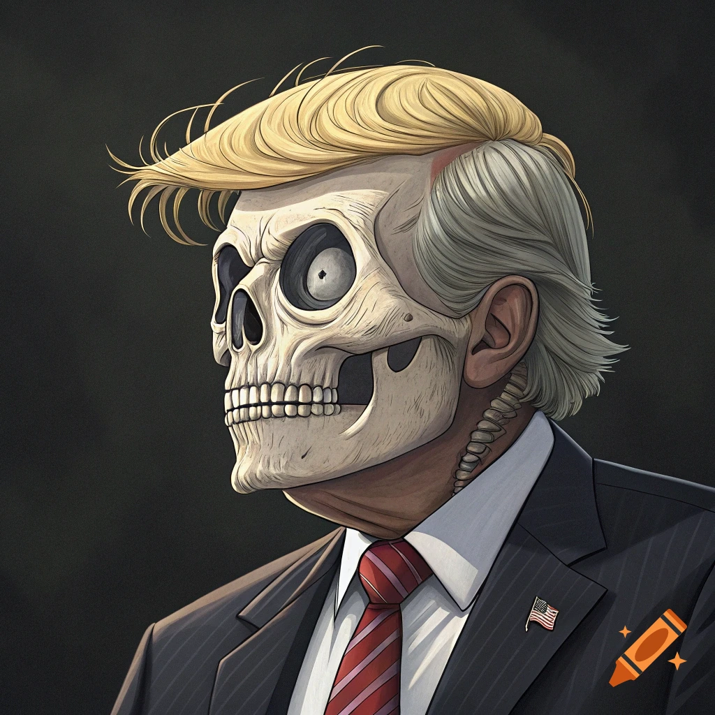 Stylized portrait of a skull resembling Donald Trump in a suit and tie