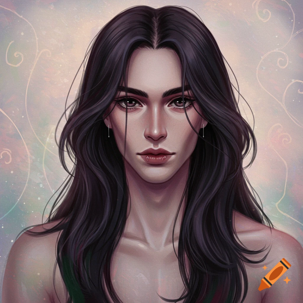 A person with long dark hair looks forward, with a pastel and swirling background.