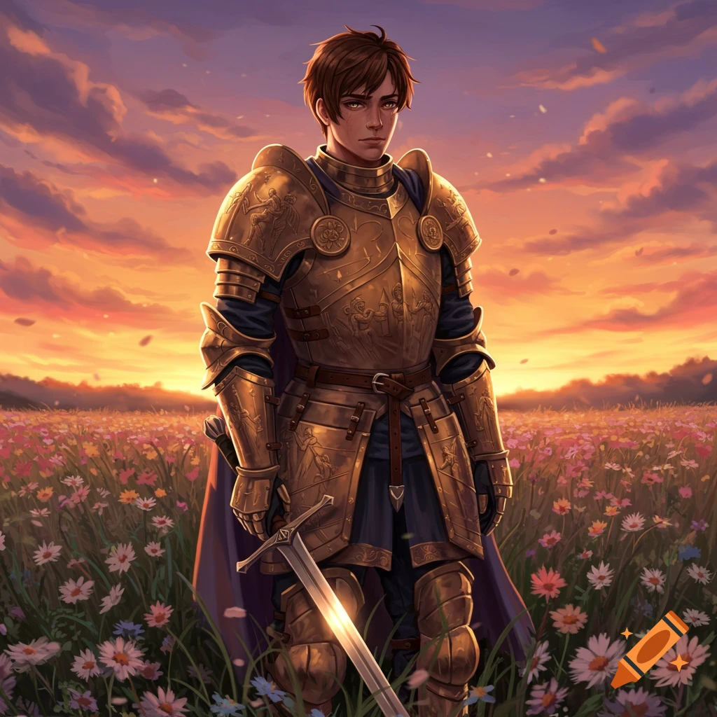 A knight in golden armor stands in a field of flowers at sunset.