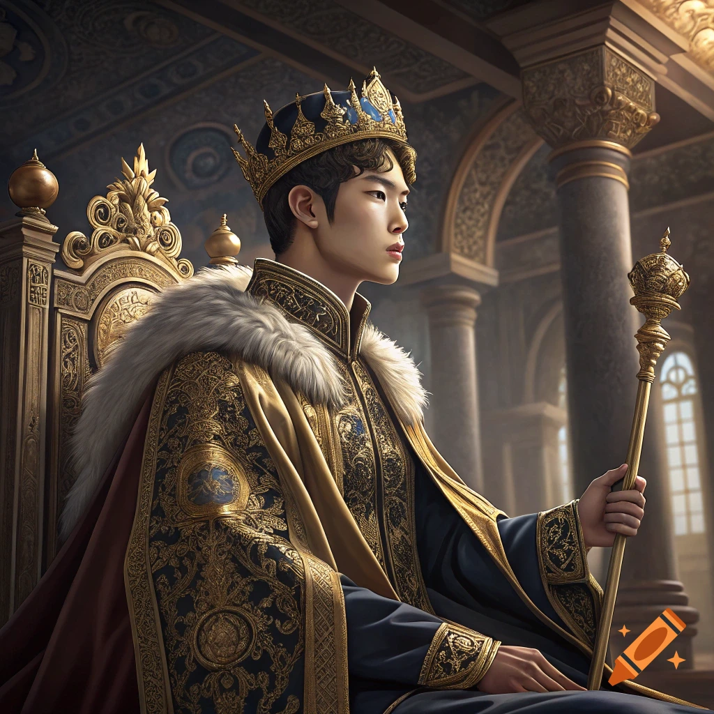 A man wearing a crown and regal robes sits on a golden throne in a large hall, holding a scepter.