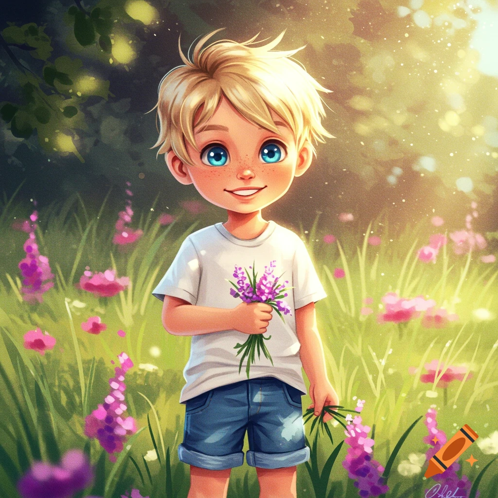 Smiling blonde boy holding flowers in a meadow.