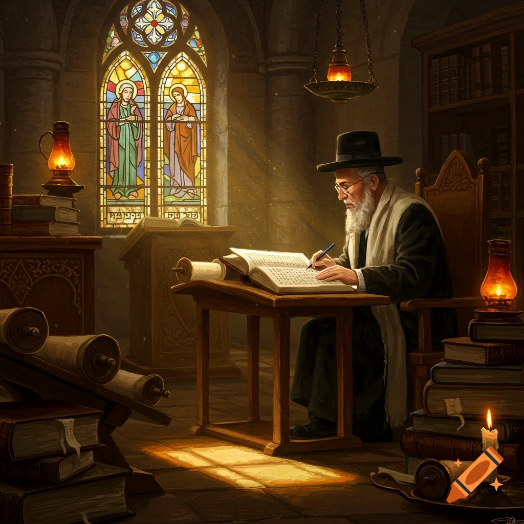 A rabbi studies religious texts in a room with stained glass windows.