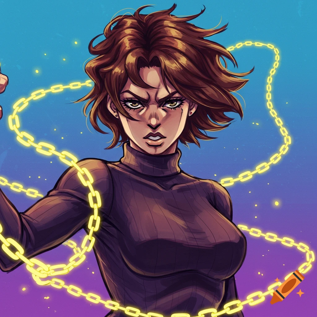 Anime-style image of a stern-looking woman with brown hair and a turtleneck sweater, surrounded by glowing yellow chains.