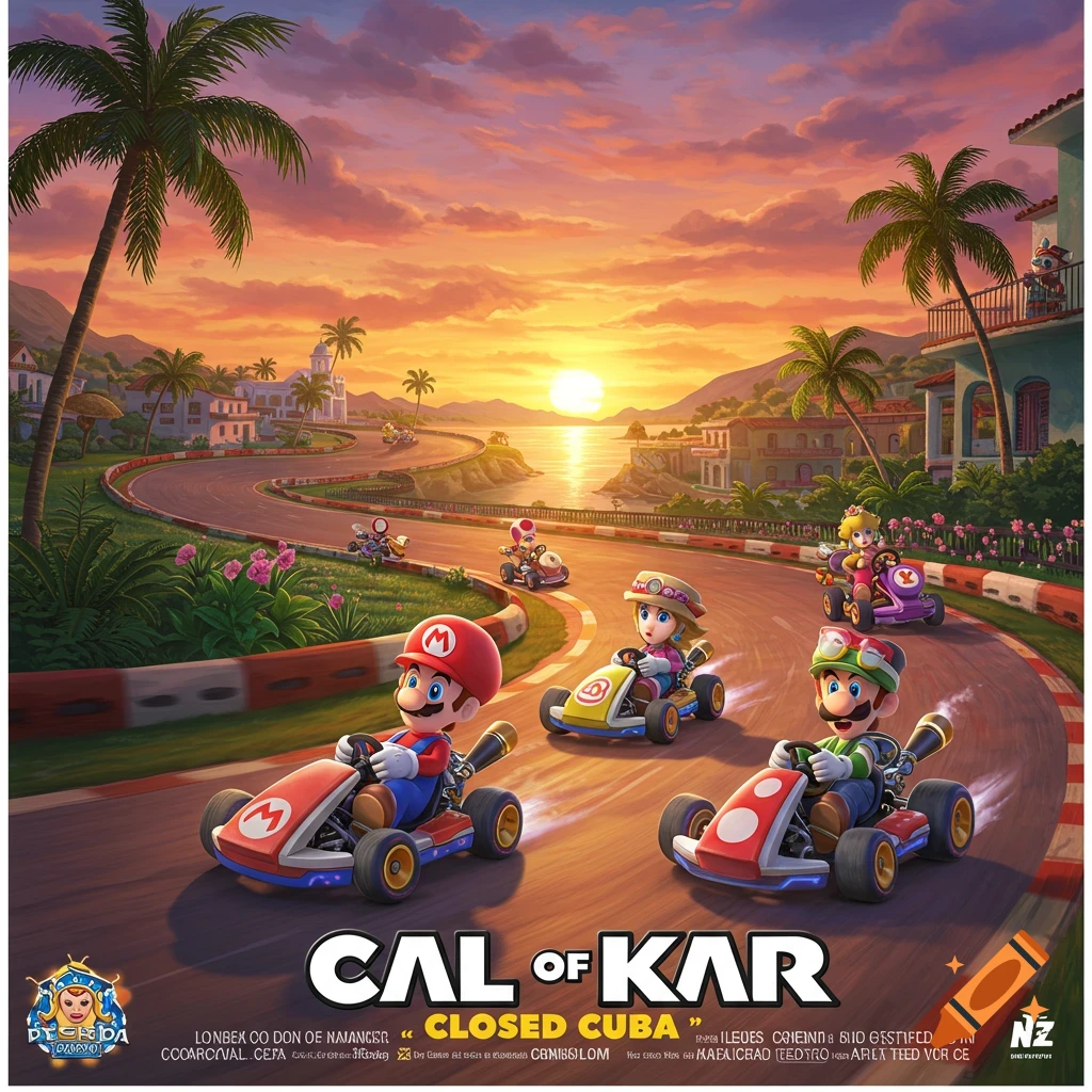 Characters resembling Mario, Luigi, Peach, and Toad racing go-karts on a tropical track at sunset.