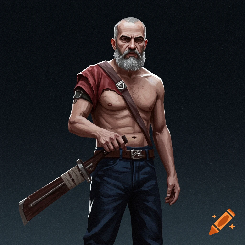 A shirtless man with a beard is holding a machete.